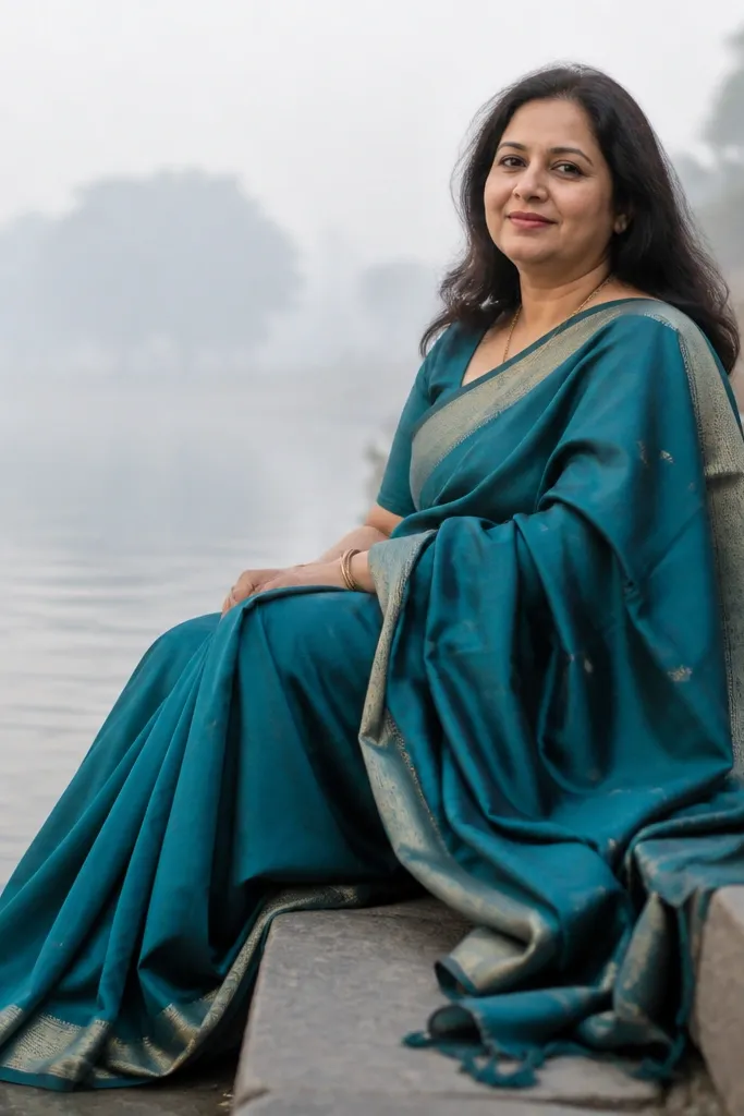 Teal saree by a river with misty greenery in the background