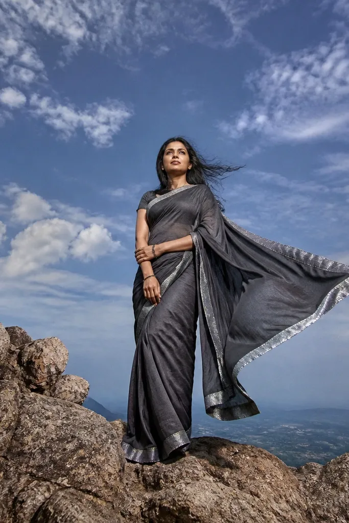 Black saree on a rocky cliff edge with a wide sky and sun glow