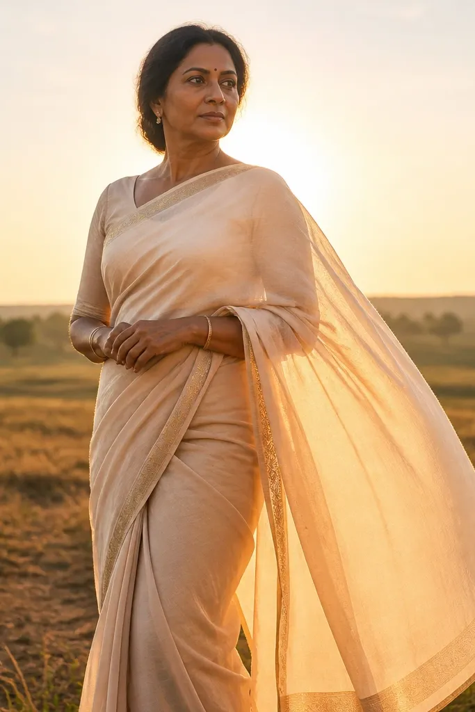 Cream saree in an open field with backlit sun creating a soft halo