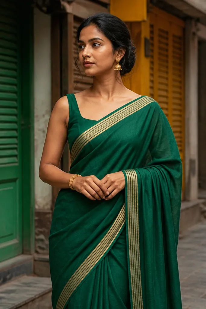 Red saree framed by colorful shop signs in a narrow alley