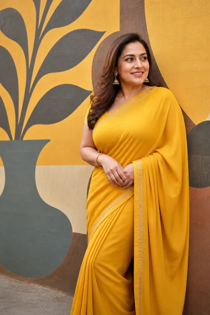 Teal saree in front of a pastel mural wall with bold shapes