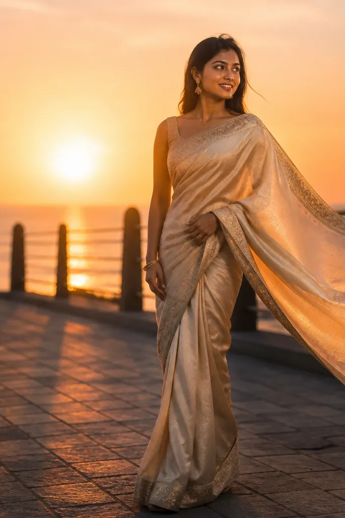 Gold-bordered saree on a seaside promenade with sunset glow and soft silhouette