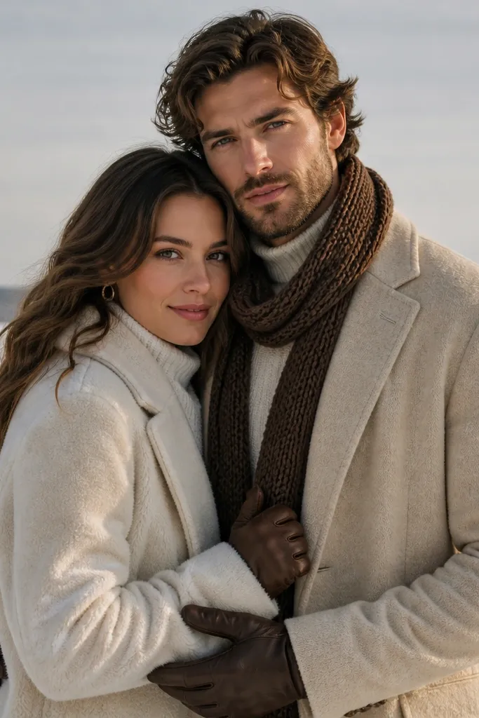 Cream wool coats with chocolate accessories in a snowy park
