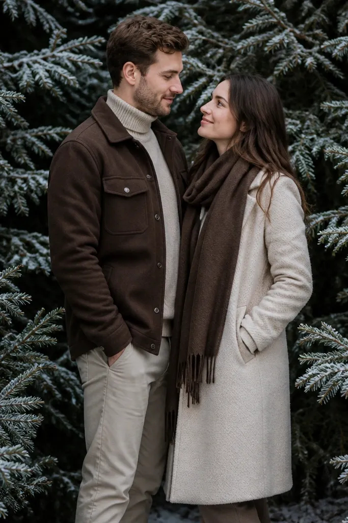 Couple standing close by tall evergreen trees with soft winter light