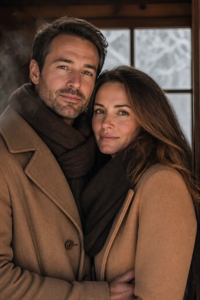 Couple near a frosted window with visible breath in cold air