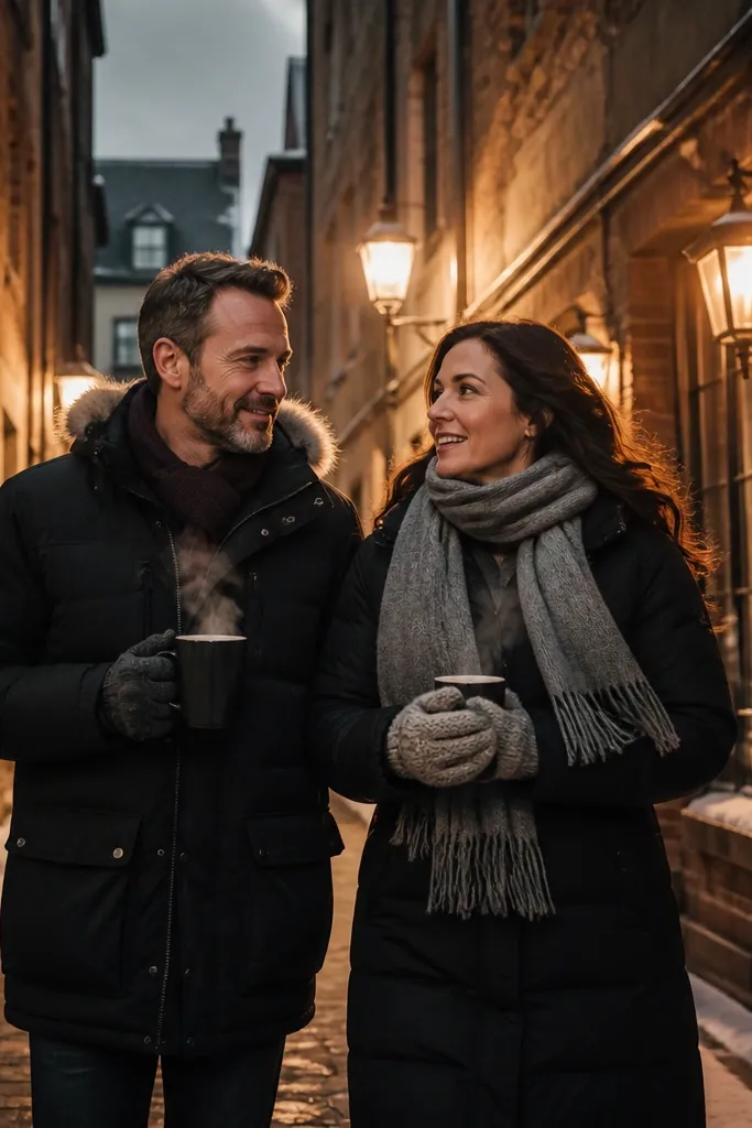 Couple in a brick alley with warm lantern light and winter coats