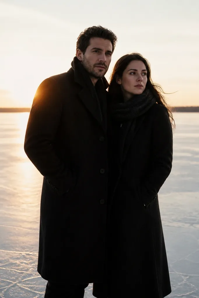 Couple walking along a frozen lake horizon at dusk