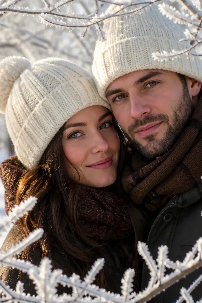 Couple framed by frosted tree branches with soft in winter