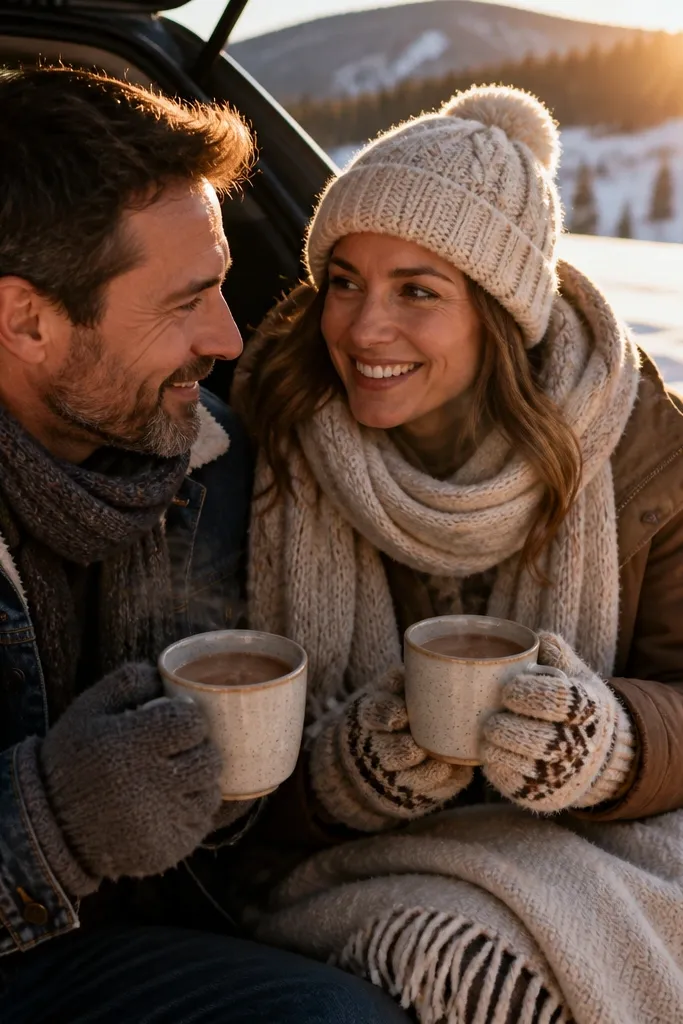 Couple holding warm cocoa in textured mugs outdoors in winter