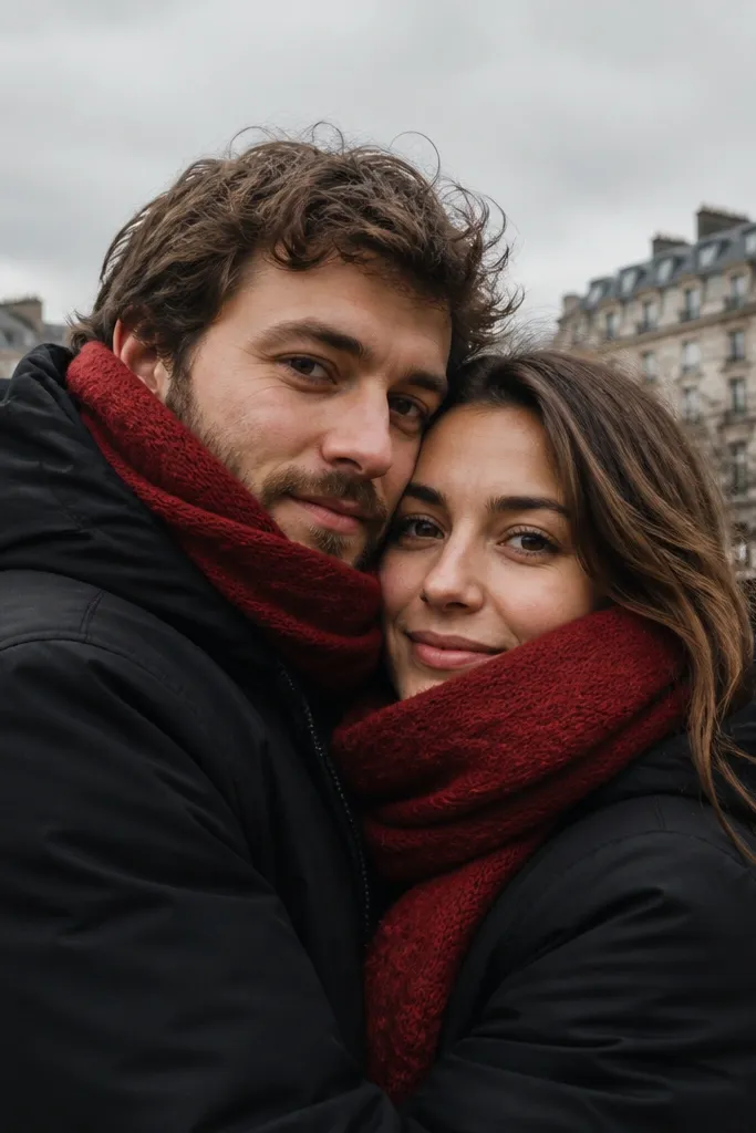 Black parkas with a red scarf pop under a gray winter sky