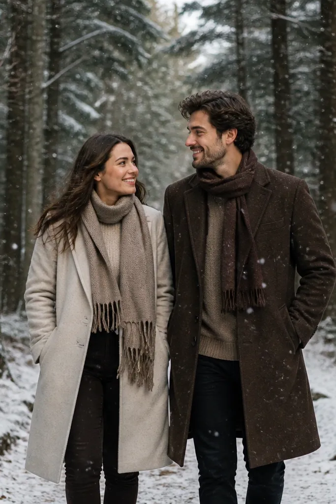 Couple walking on a woodland path as snow falls softly
