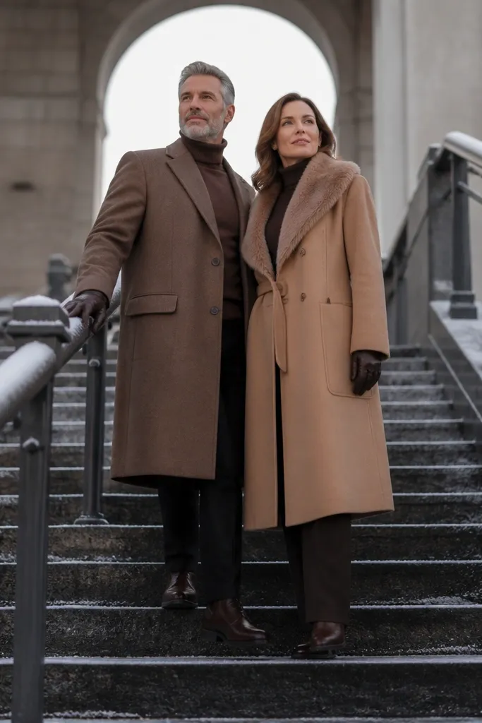 Couple on stone steps with one hand on a railing in winter