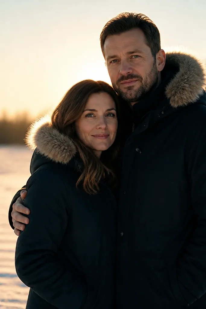 Couple with fur-lined hoods in backlight, faces softly framed