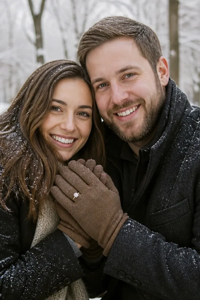 Gloved hands holding near a ring with frost sparkle on fabric