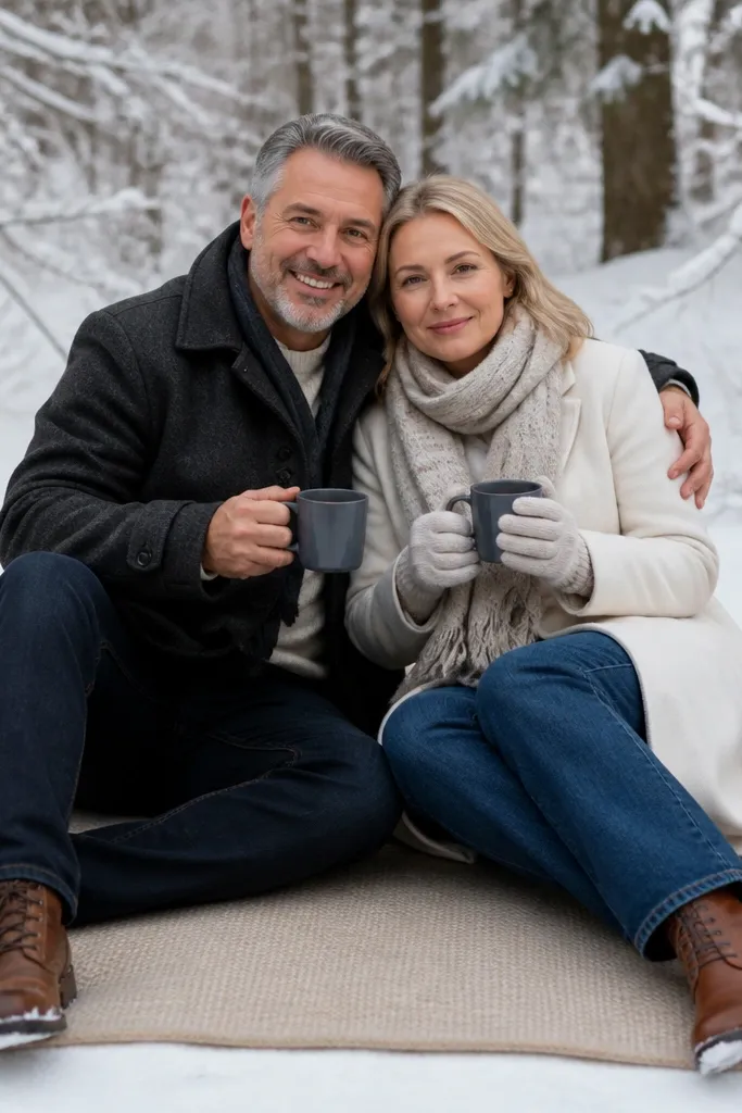 Wool blanket picnic setup with one couple sitting outdoors in winter