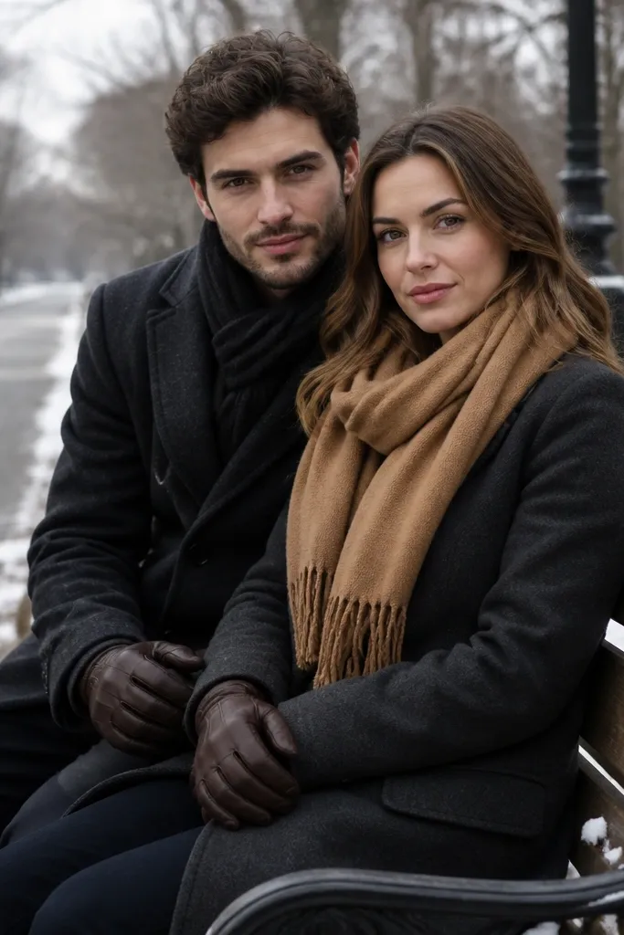 Couple on a city park bench with clean negative space behind
