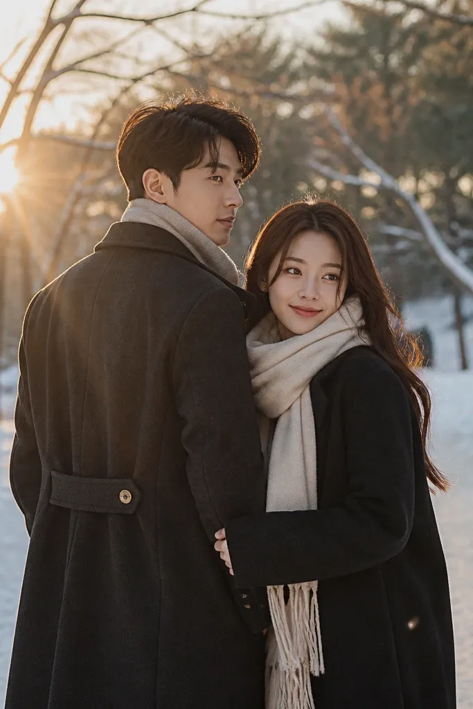 Couple standing near branches with soft sun flare in winter