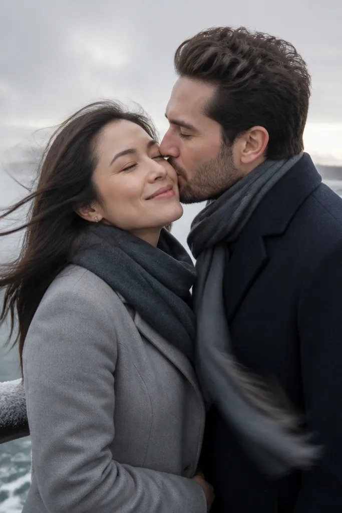 Couple close by a frosty railing with gentle winter motion blur