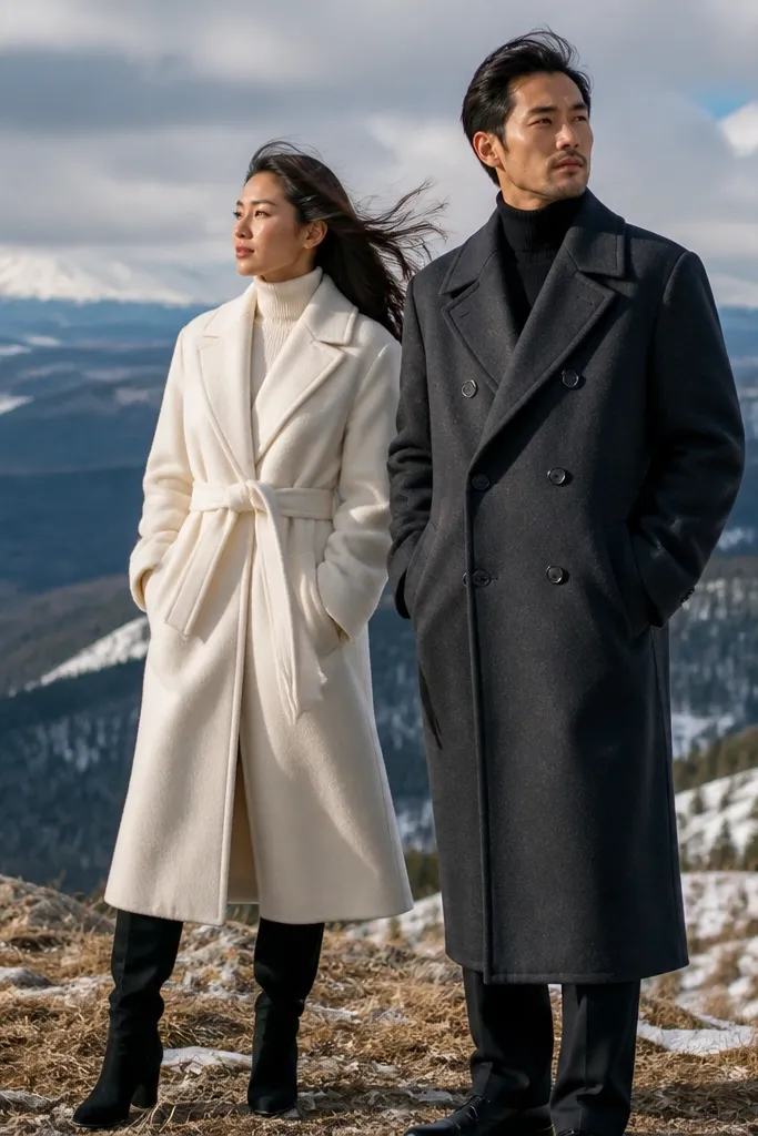 Couple at a winter overlook with wide coats against a distant view