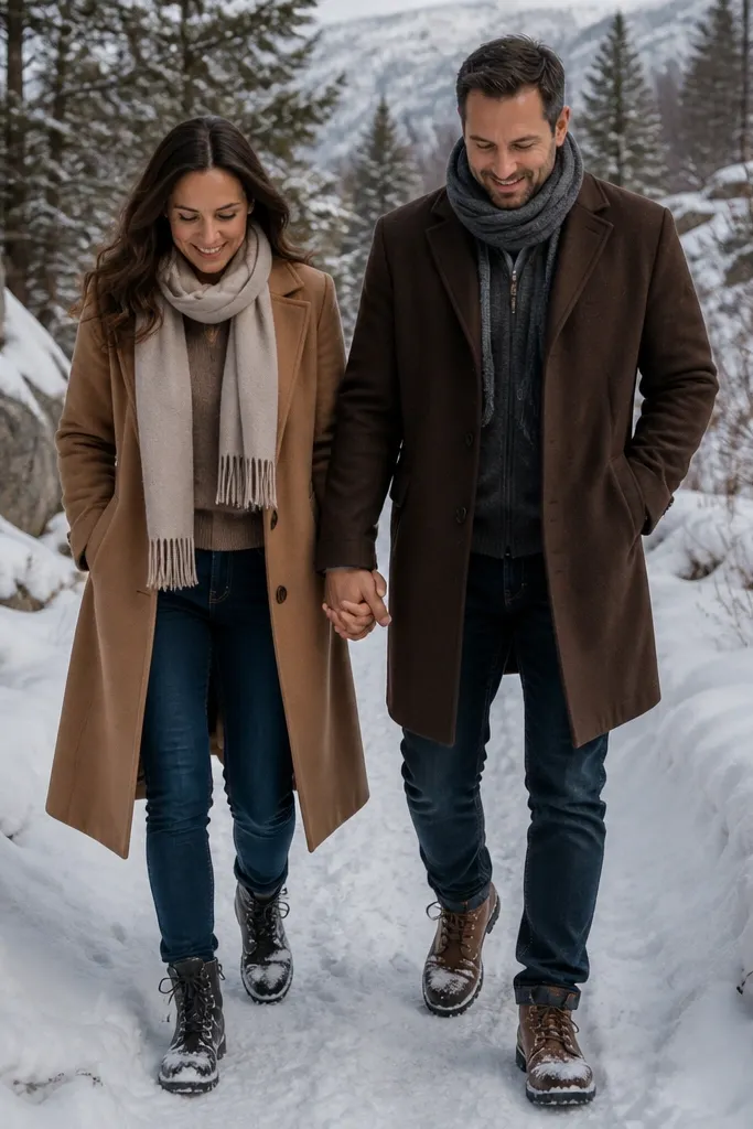 Boots stepping through fresh snow with the couple walking together