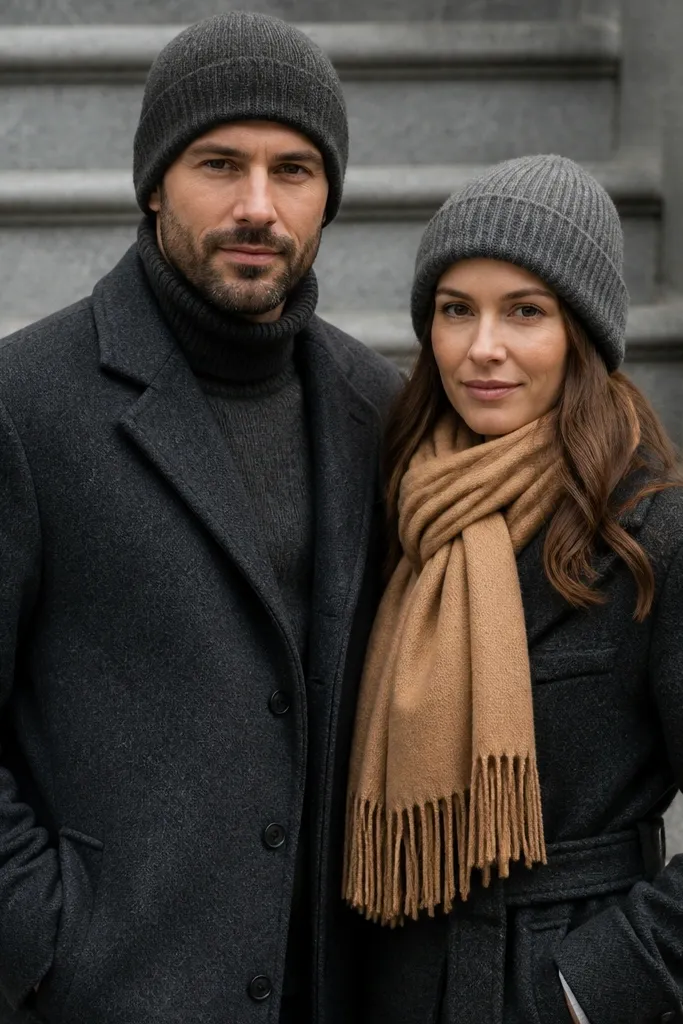Couple in gray coats with one warm accent scarf near a stone wall