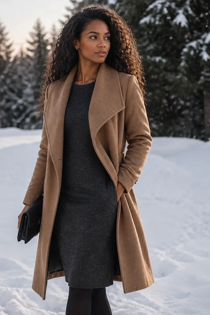Charcoal wool midi dress with camel wrap coat, black tights, and heeled boots