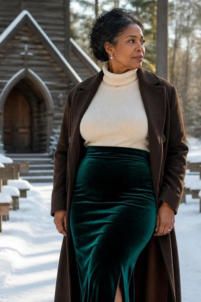 Forest green velvet skirt with cream turtleneck and dark chocolate long coat