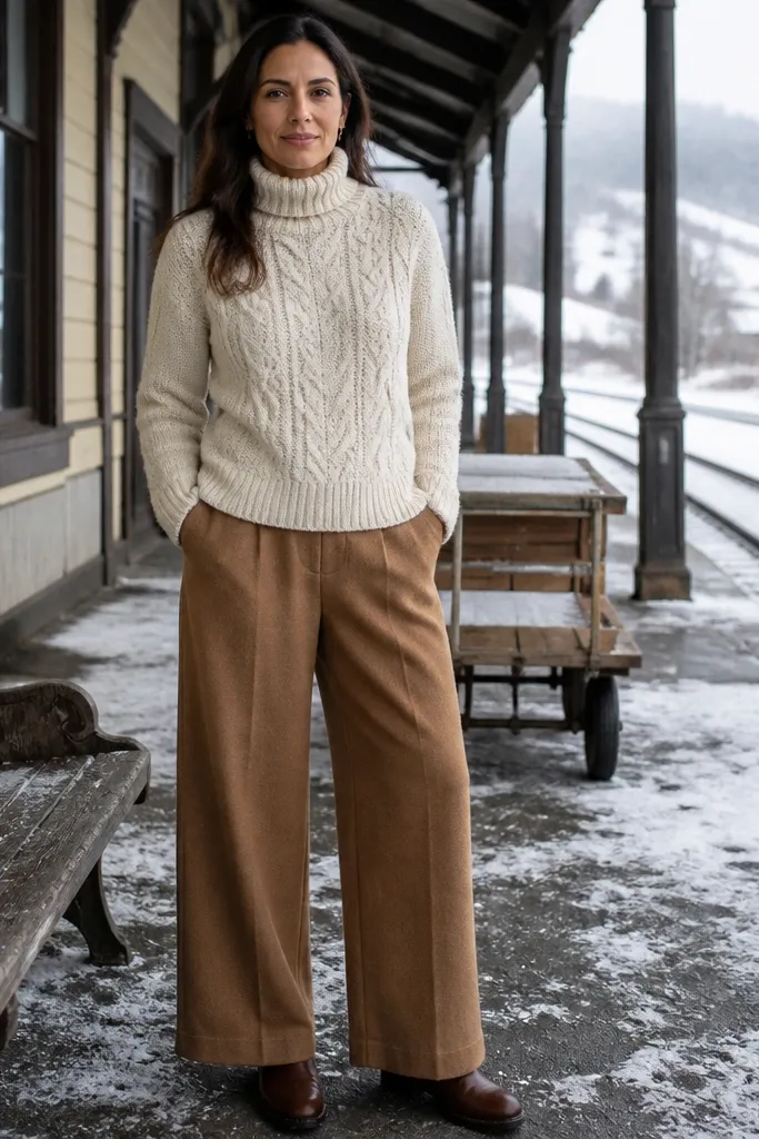 Ivory cable turtleneck with caramel wool wide-leg trousers and brown Chelsea boots