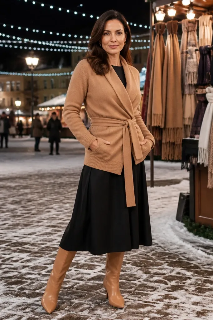 Camel wrap cardigan with black midi skirt and camel boots