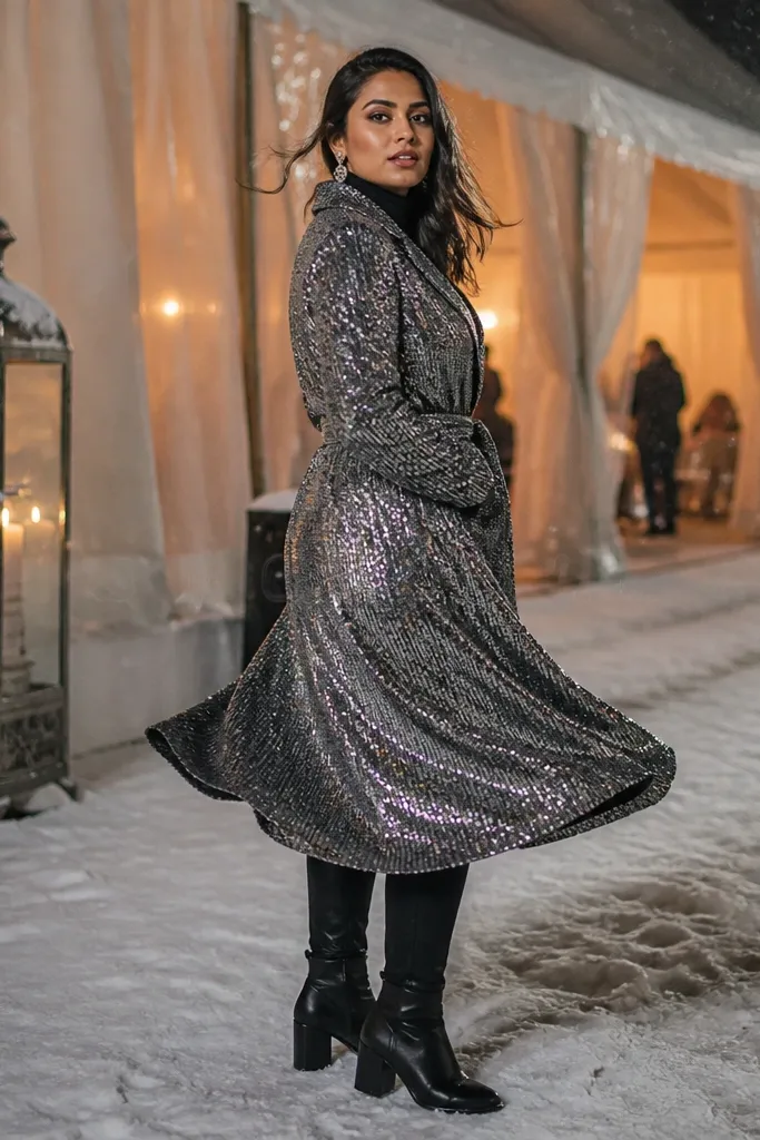 Silver-gray sequin coat dress over a black base with black ankle boots