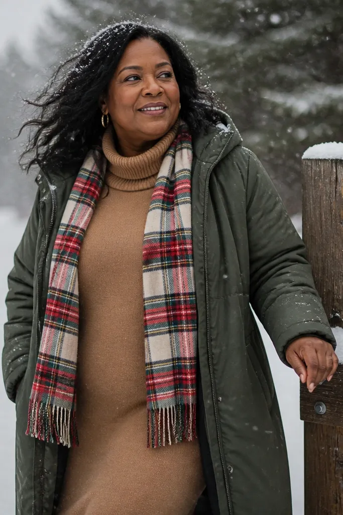 Camel turtleneck dress with plaid wool scarf and dark green parka topper
