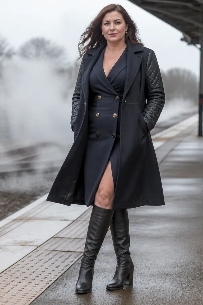 Navy blazer dress with quilted sleeve coat and knee-high boots