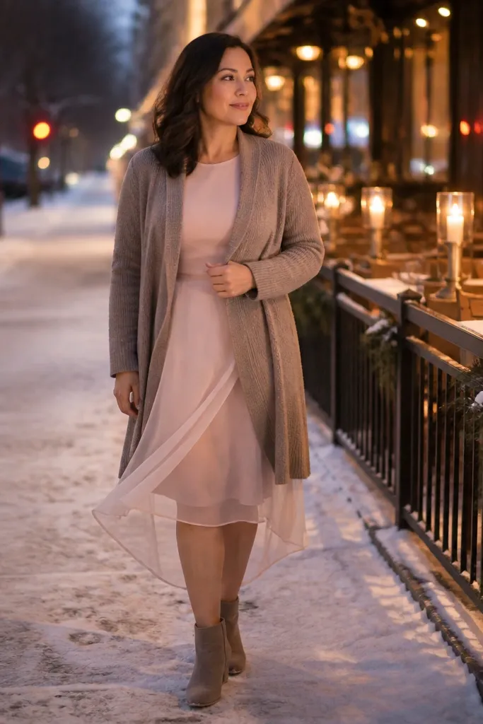 Blush chiffon overlay dress with wool cardigan and taupe ankle boots