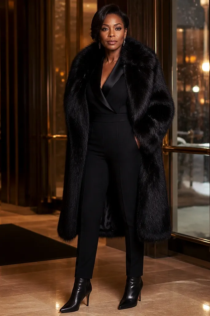 Black jumpsuit with satin lapels, faux-fur collar coat, and black boots