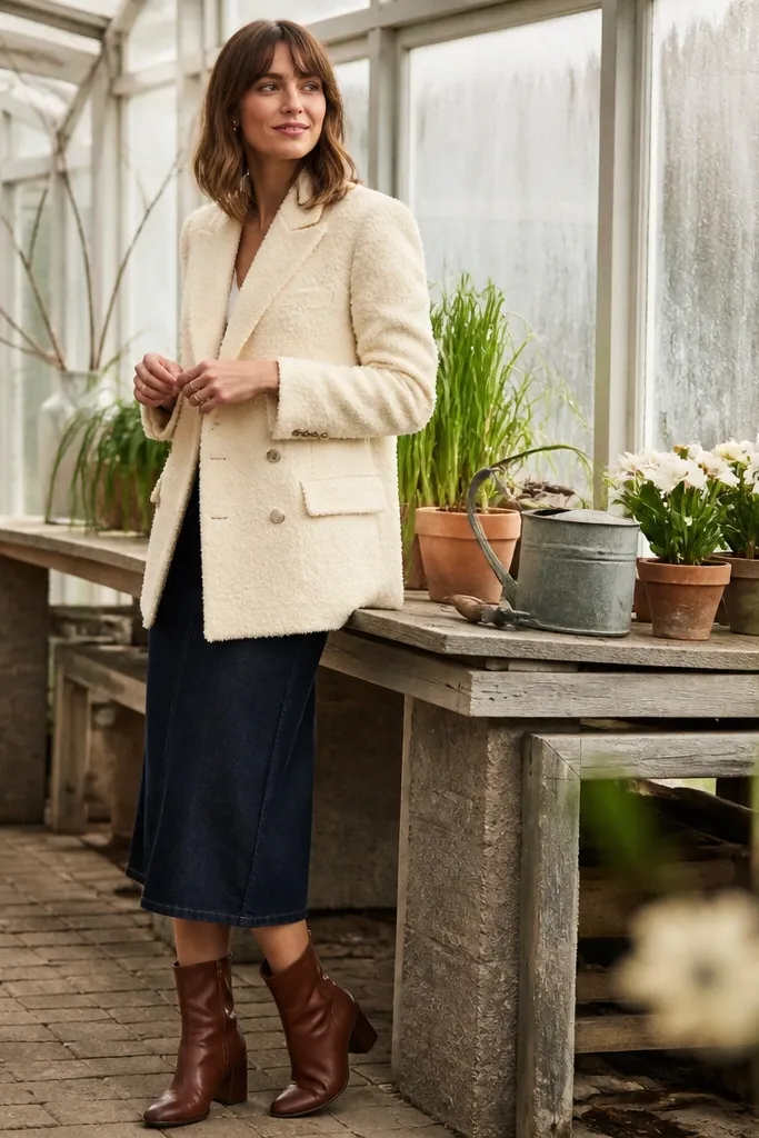Cream boucle blazer with dark denim midi skirt and brown ankle boots
