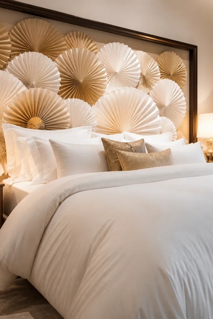 Champagne and white paper fans forming a backdrop behind a bed