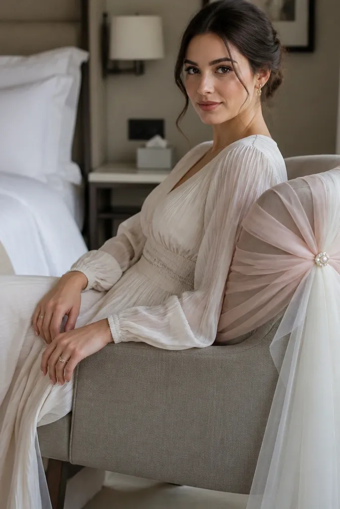 A chair back covered with pale tulle and pearl-like clips