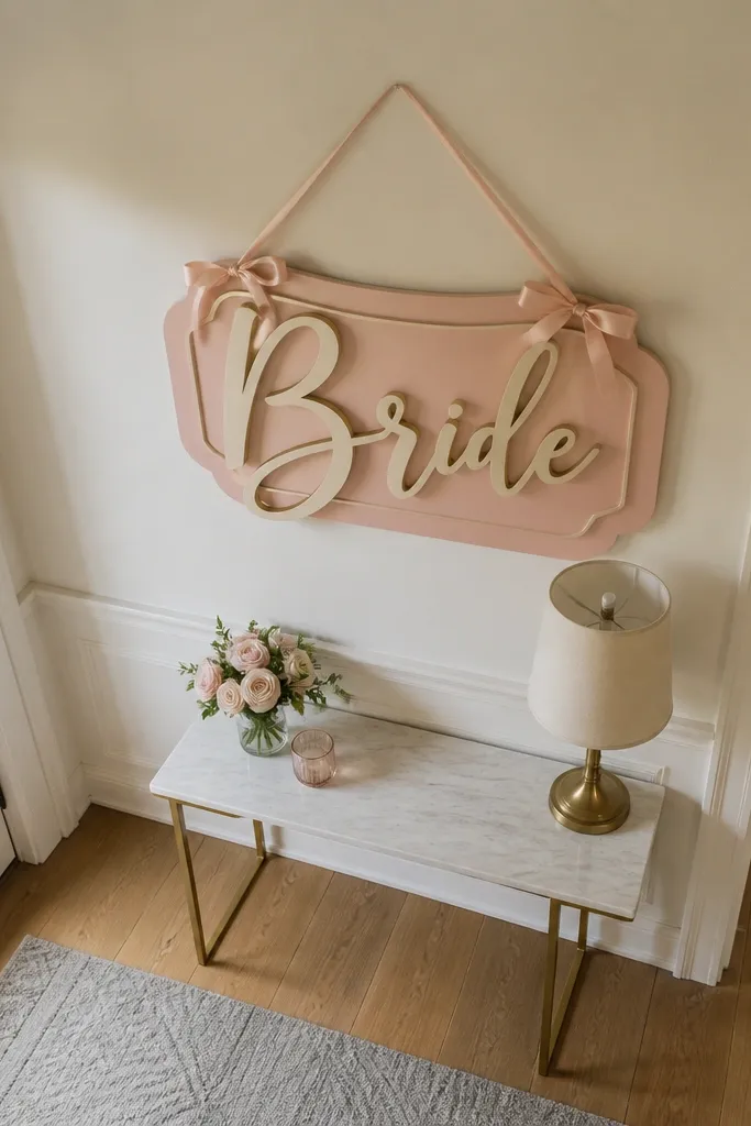 Layered paper banner spelling Bride with framed shapes