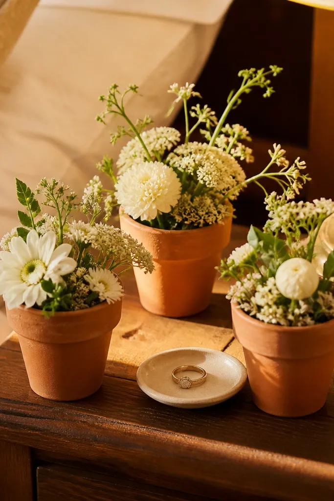 Small terracotta pots holding white faux flowers and a ring tray