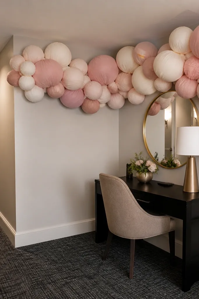 Blush and ivory fabric squares tied into a balloon-like garland