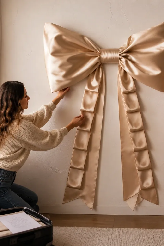 A large champagne ribbon bow mounted on a wall with looped tails