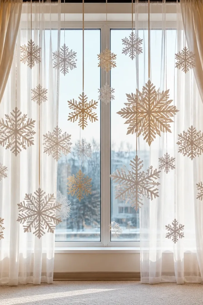 Sheer window curtains with white paper star decorations framing the view