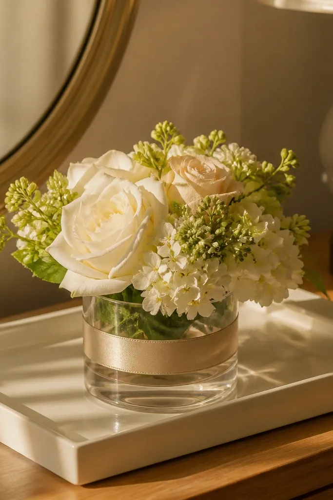 Mini white and champagne flowers in a clear cup on a bedside table