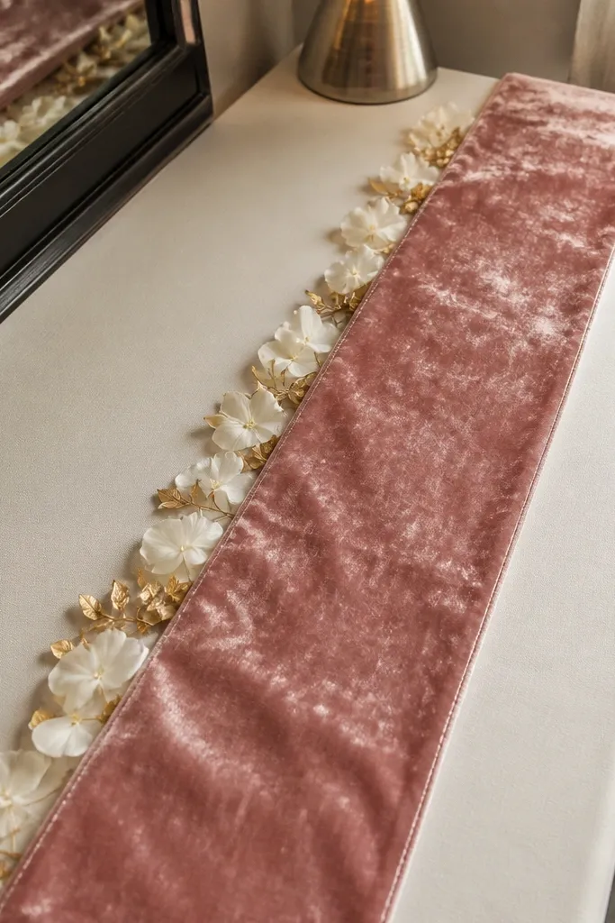 Blush velvet ribbon runner on a dresser with tucked faux petals along the edge