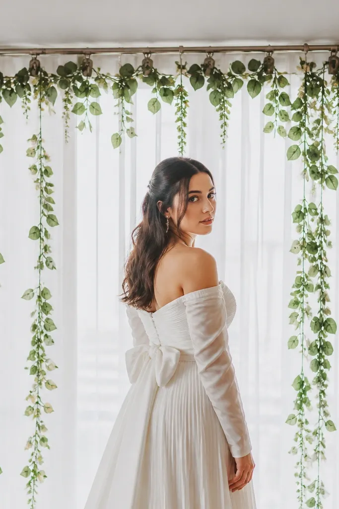 Garland draped across a curtain rod with clips holding it evenly
