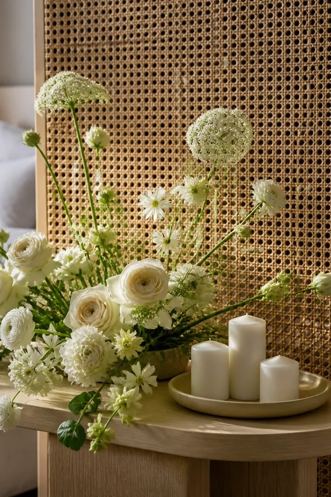 A cane weave panel behind a table with white florals and candles