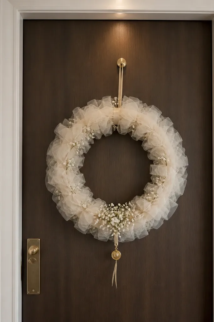 An oval tulle wreath hanging on a doorway with small white blooms