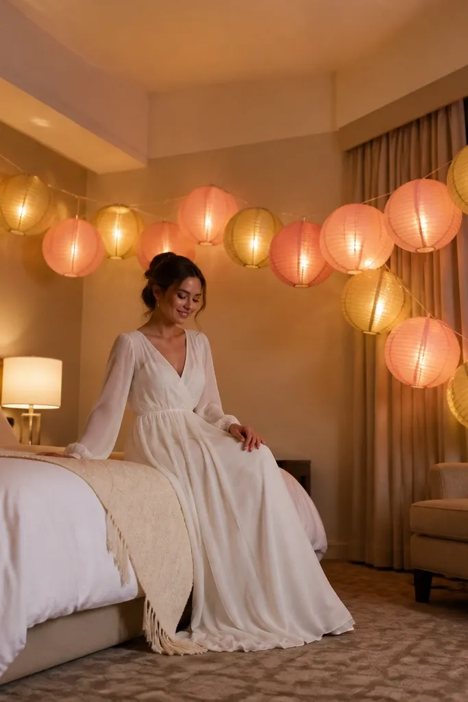 Blush paper lanterns strung across a wall corner