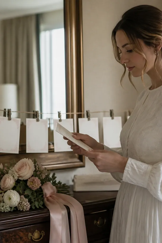 Clothesline with linen and small clips holding notes and tiny cards