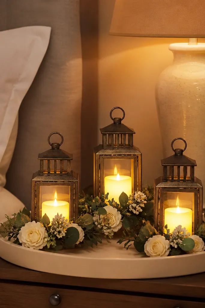 Three mini lanterns on a table with ivory faux florals around them